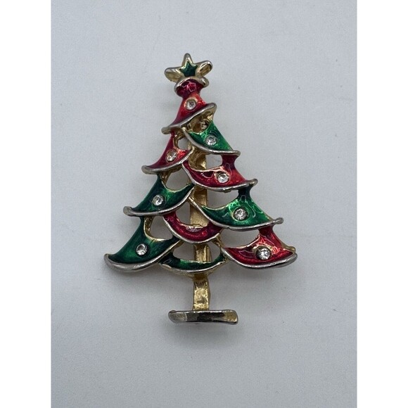 Christmas Tree Gold & Silver Brooch Pin Red & Green Enamel Crystal Ornaments - Picture 3 of 5